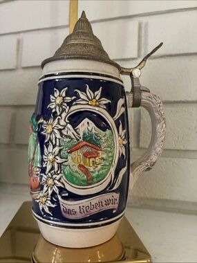 Vintage German “Happy with Beer” Ceramic Alpine Stein